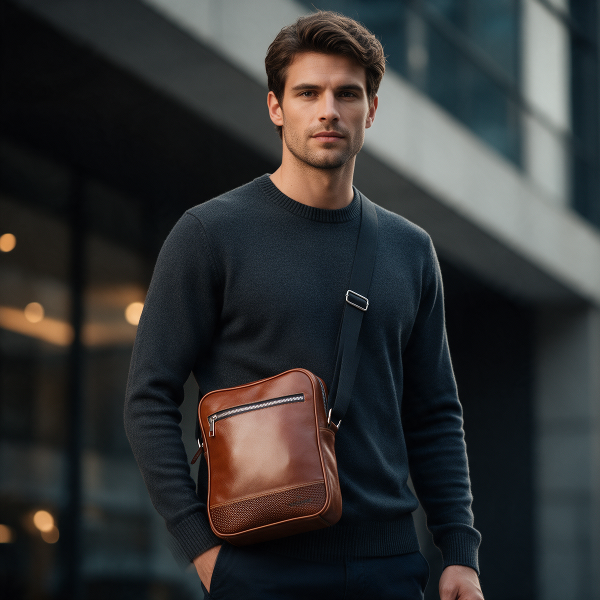 Minibag Liso Miel King David Leather - hombre con el bolso cruzado