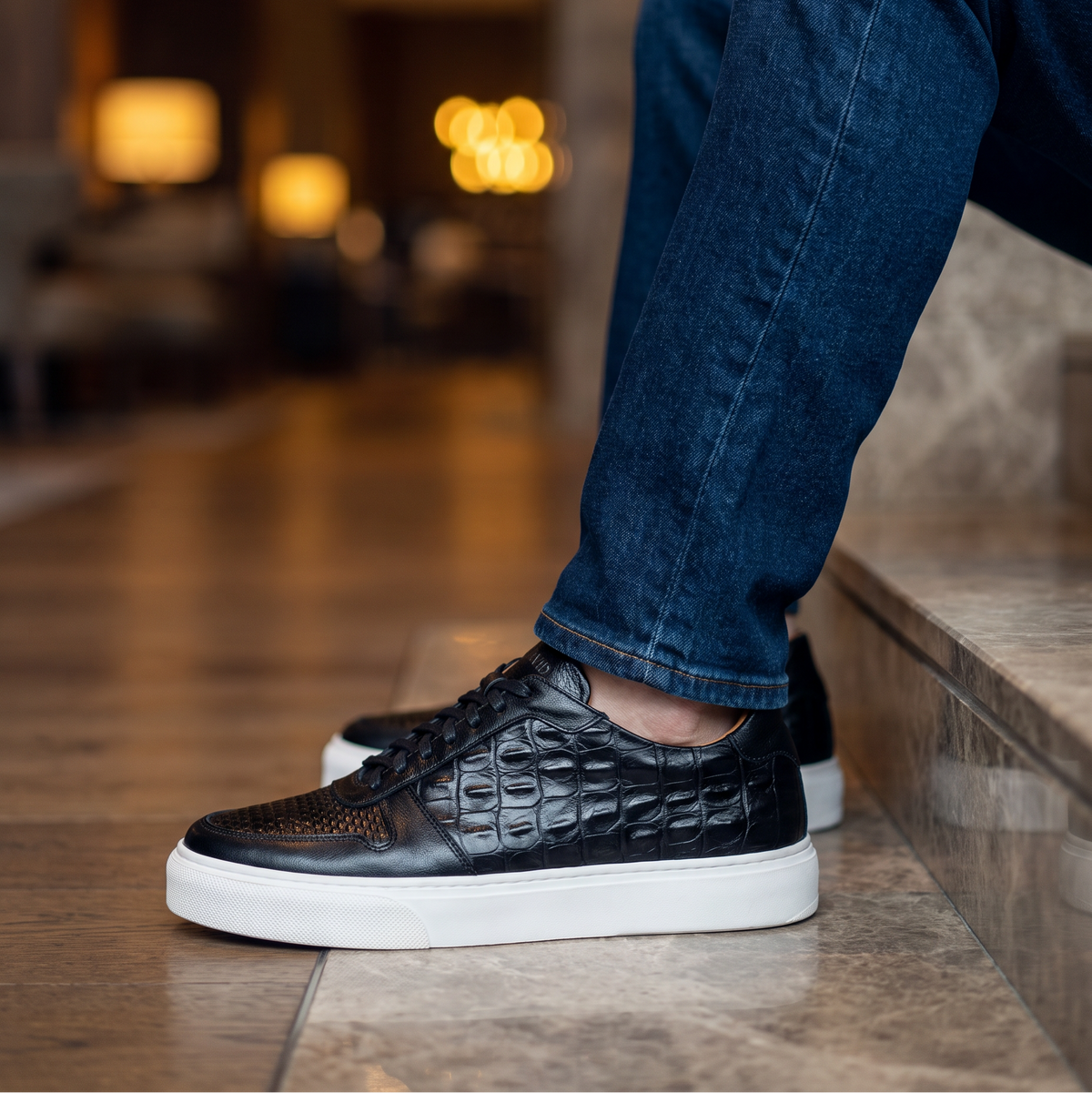 Arlington Crocodile Negro x Miel - Zapato Crocodile Luxury Hombre en Cuero Grabado