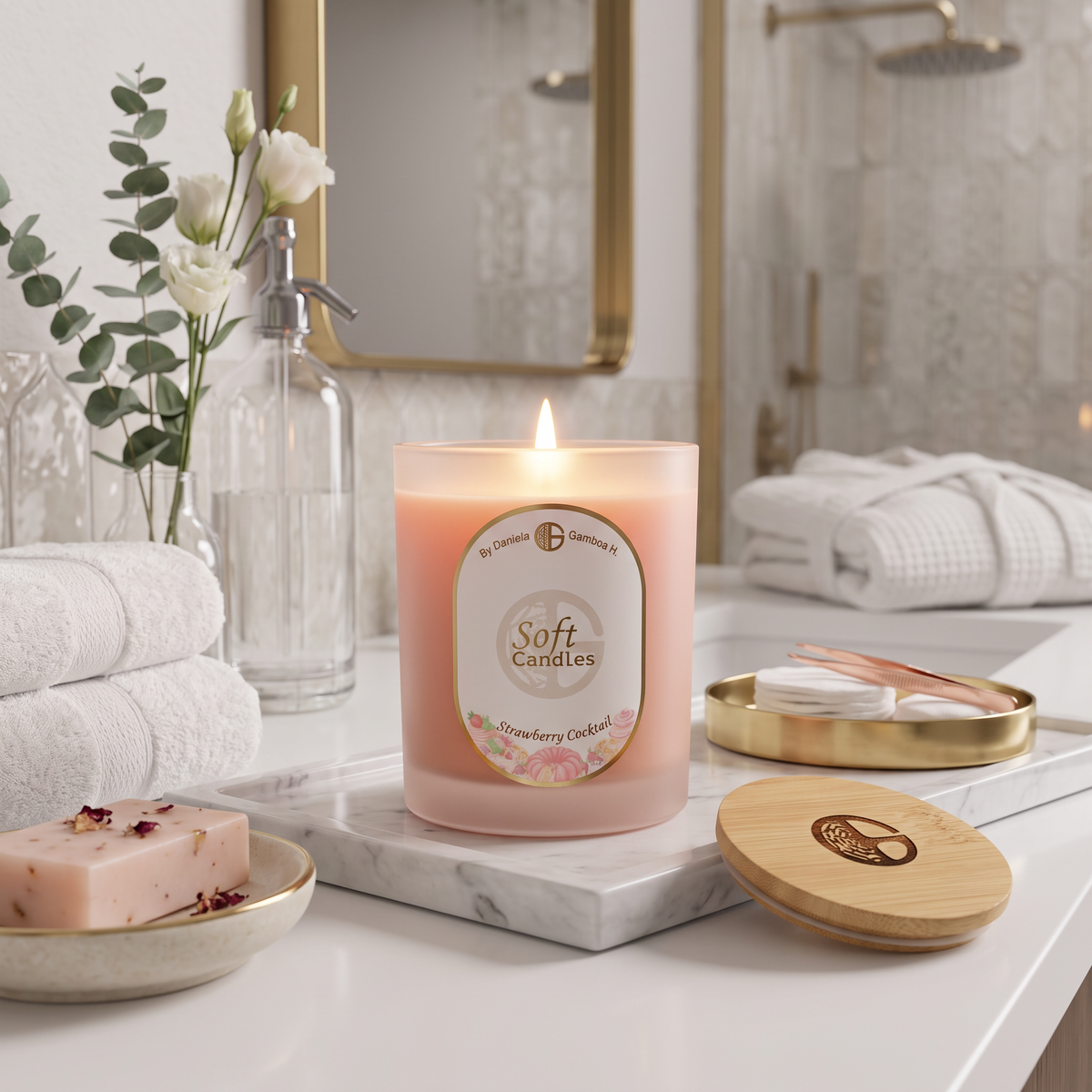 Vela Coctel de Fresa 8 Oz - Cera Vegetal con Tapa de Bambú