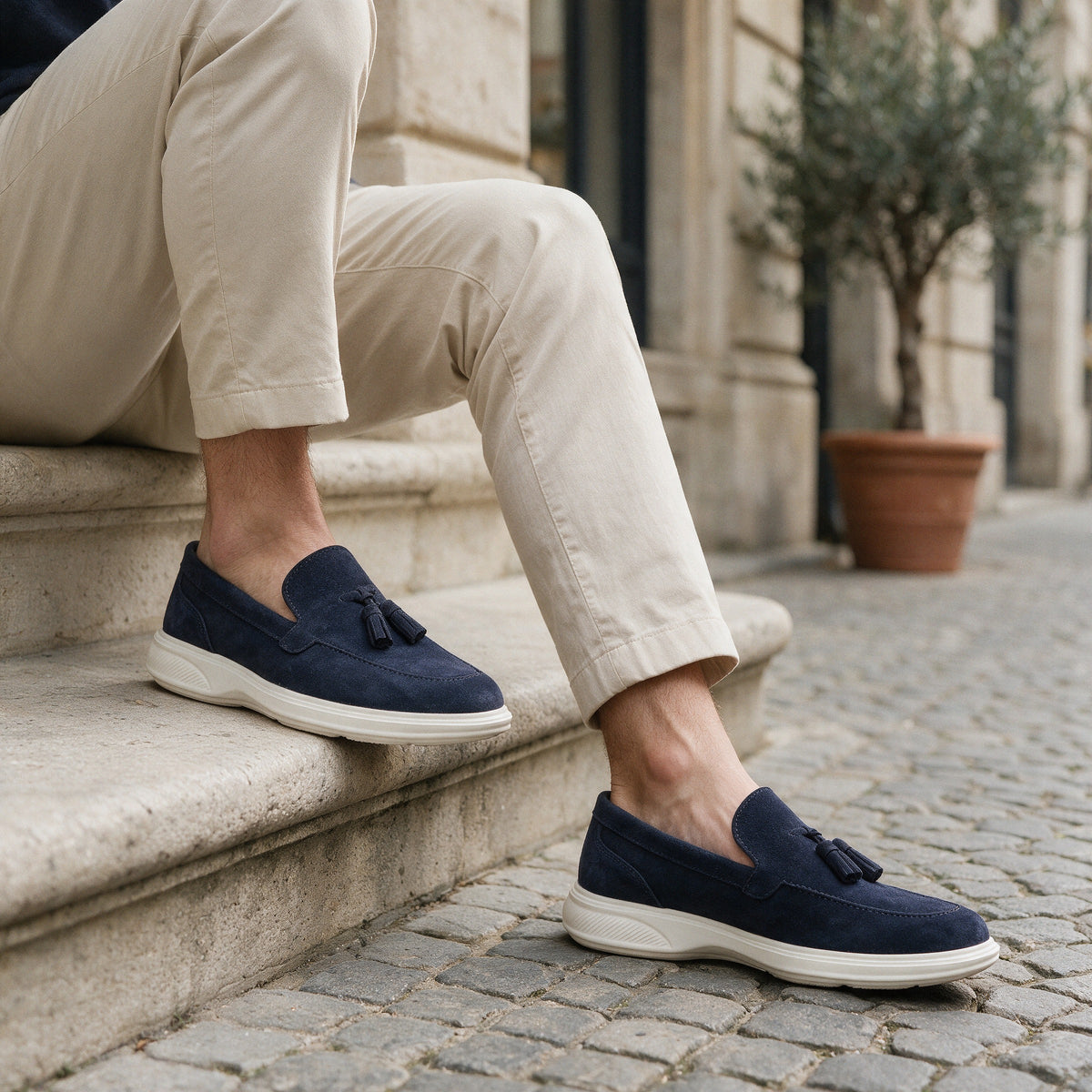 Milano Azul King David Leather - mocasín en ante azul con borlas y suela blanca, en adoquín europeo