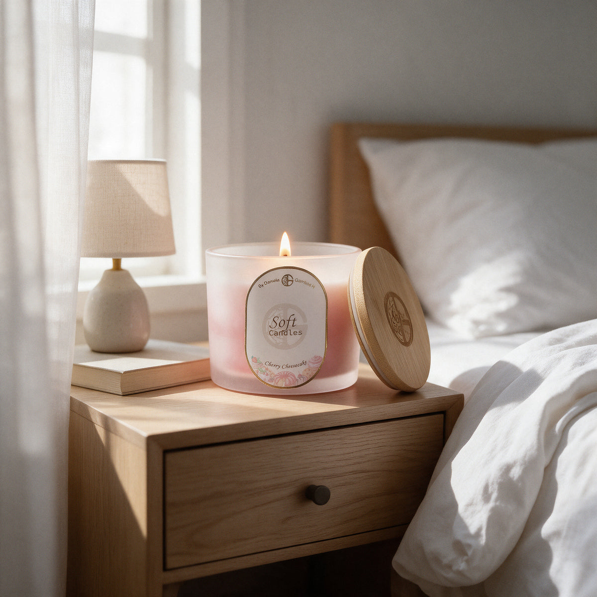 Vela Cheesecake de Cereza 14 Oz encendida sobre una mesa de noche de roble junto a ropa de cama de lino blanco