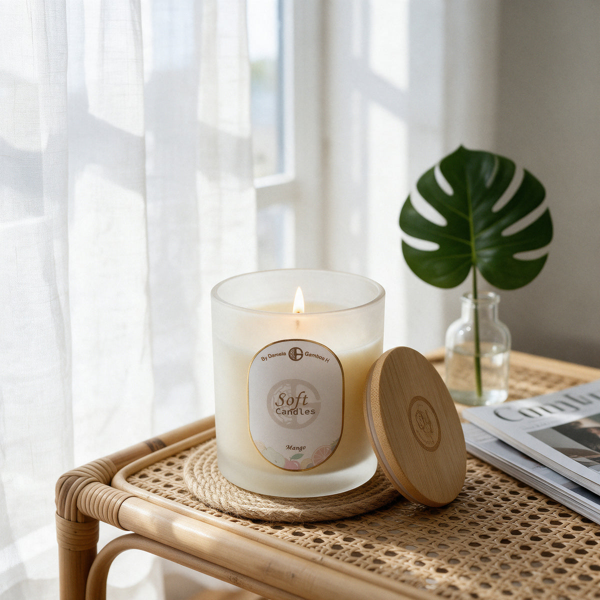 Vela Mango 8 Oz encendida sobre una mesa de ratán junto a una ventana con cortina de lino