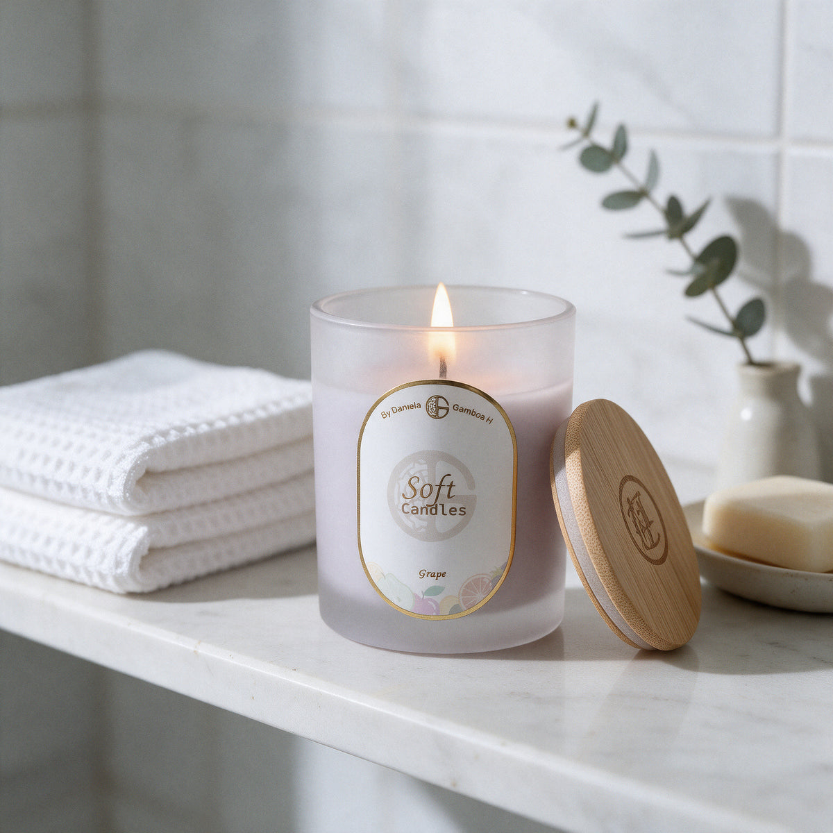 Vela Uva 8 Oz encendida sobre una repisa de baño en mármol claro junto a toallas blancas dobladas