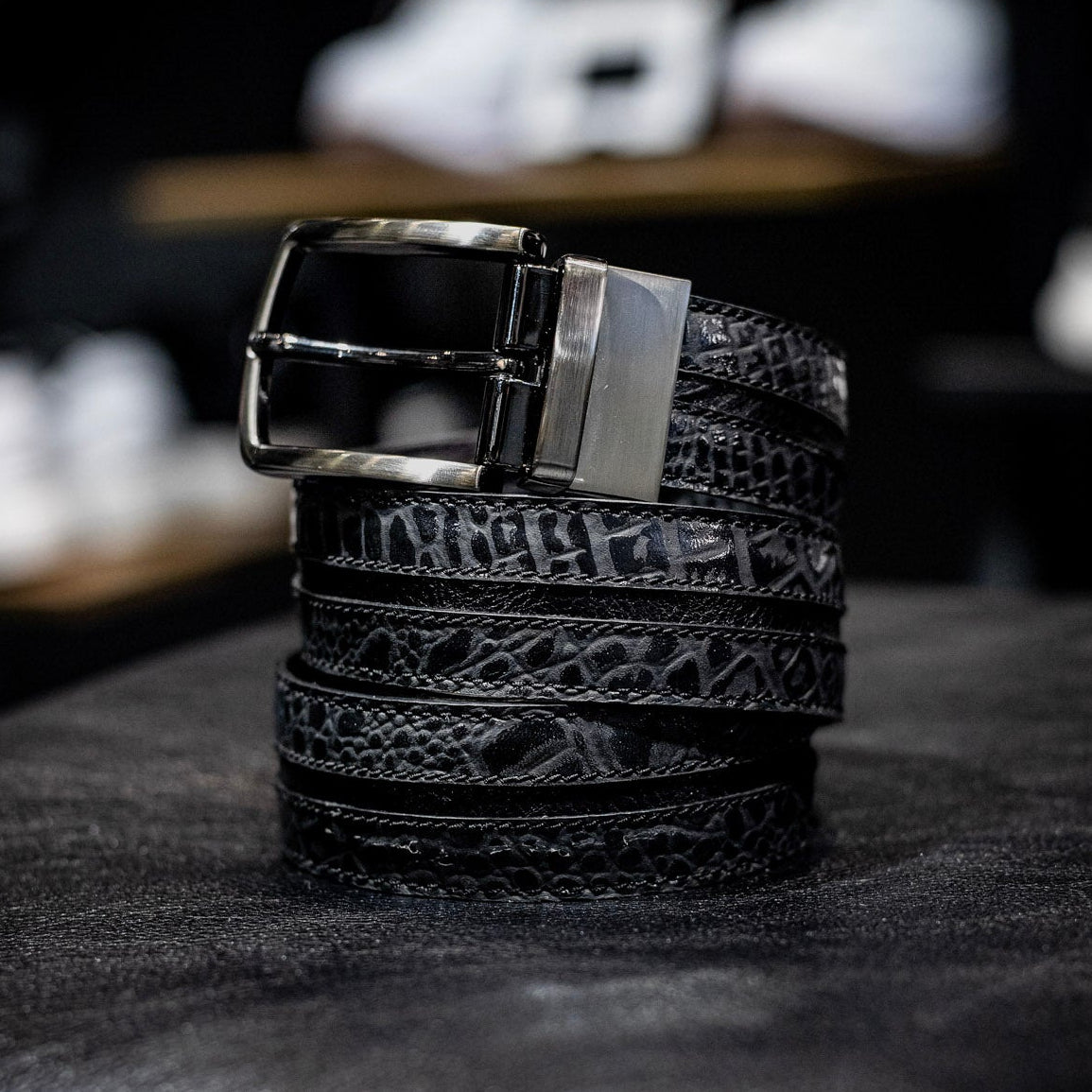Cinturón Doble Faz Crocodile Negro - Cinturón Luxury Hombre en Cuero Grabado