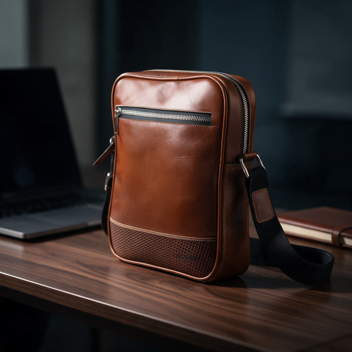Minibag Liso Miel King David Leather - bolso de hombre en cuero sobre escritorio