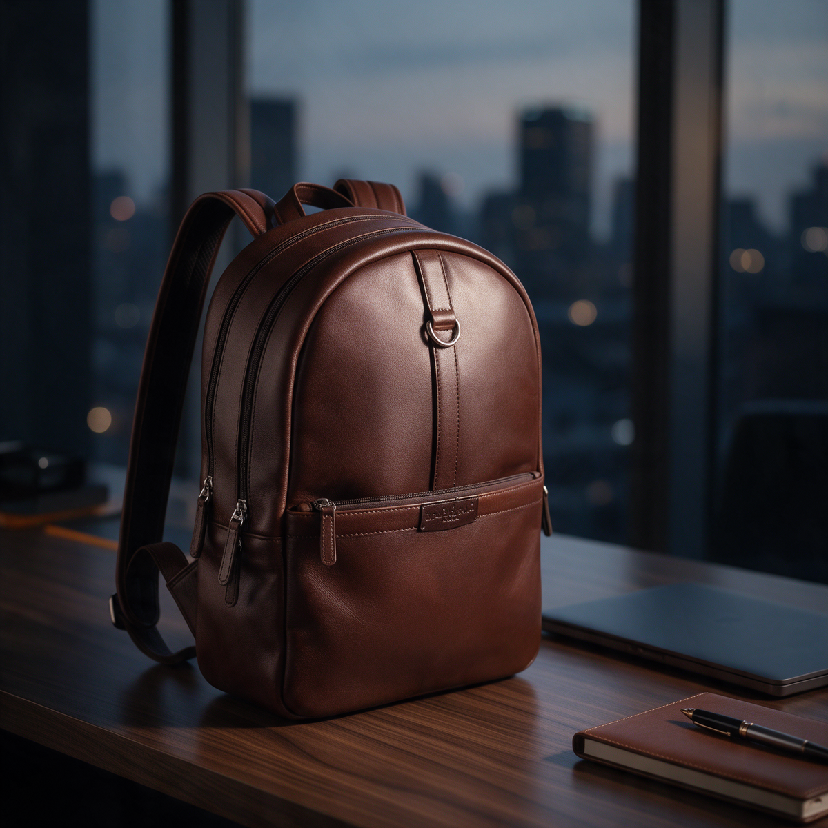 Morral Manhattan Chocolate King David Leather - en escritorio de oficina